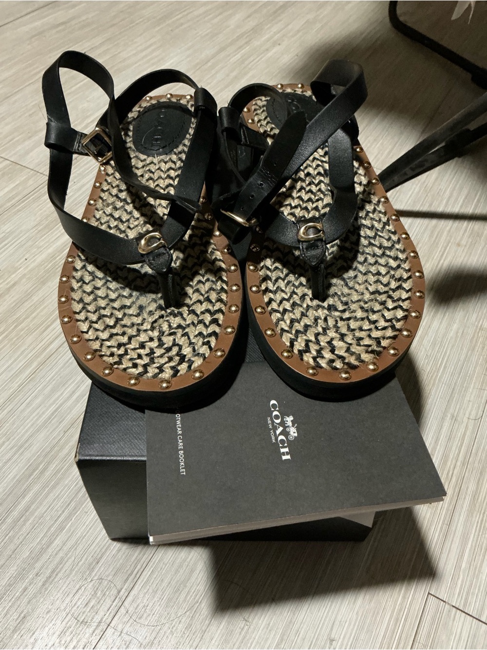 Coach Black Leather Braided Jute Sandals with Gold Studs